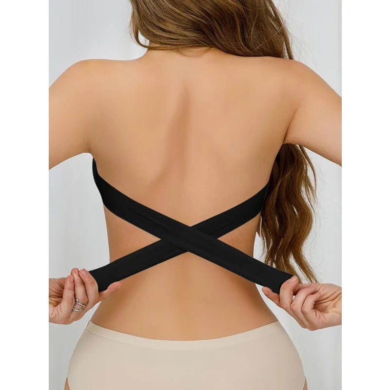 Bra with Side Clasps, Strapless Nylon Knit Fabric, Removable Padding, Crisscross Strap Details | AlluCanFind