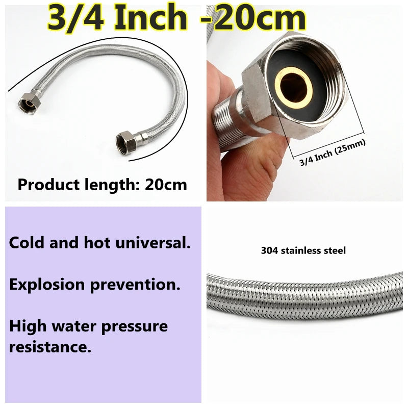 1 PC 1/2, 3/4 Inch 304 Stainless Steel Braided Hose Cold Hot Water Pipe Toilet Faucet Connection Pipe Garden Water Connection