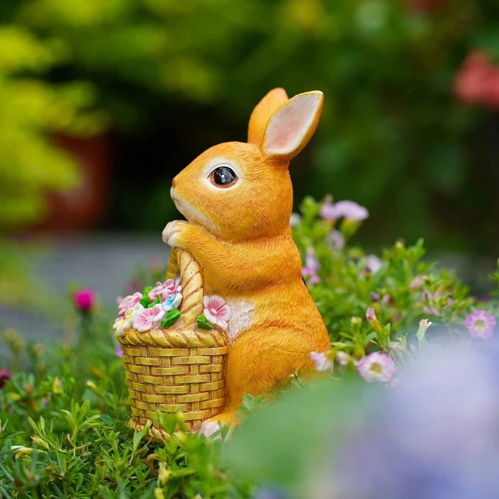 Solar Garden Statues Rabbit & Flowers Decor Outdoor Indoor with LED Light Mothers Day Gardening Gifts Bunny Lawn Statue Ornament