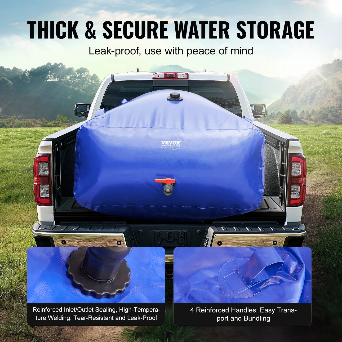 VEVOR 1000L/264 Gallon Water Storage Bladder RV Water Tank 1000D Blue PVC Collapsible Water Storage Containers Soft Water Bag