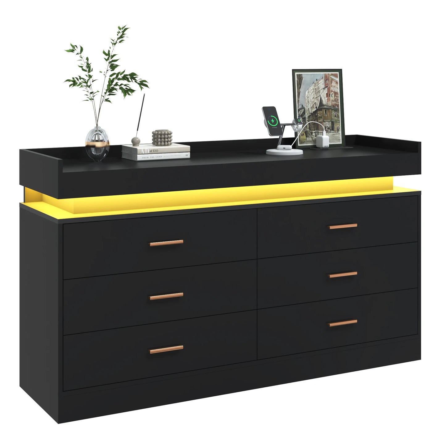 6 Drawer Dresser, 46'' Modern Chest of Drawers for Closet with LED Light, Wide Drawer Organizer Cabinet for Bedroom, White/Black