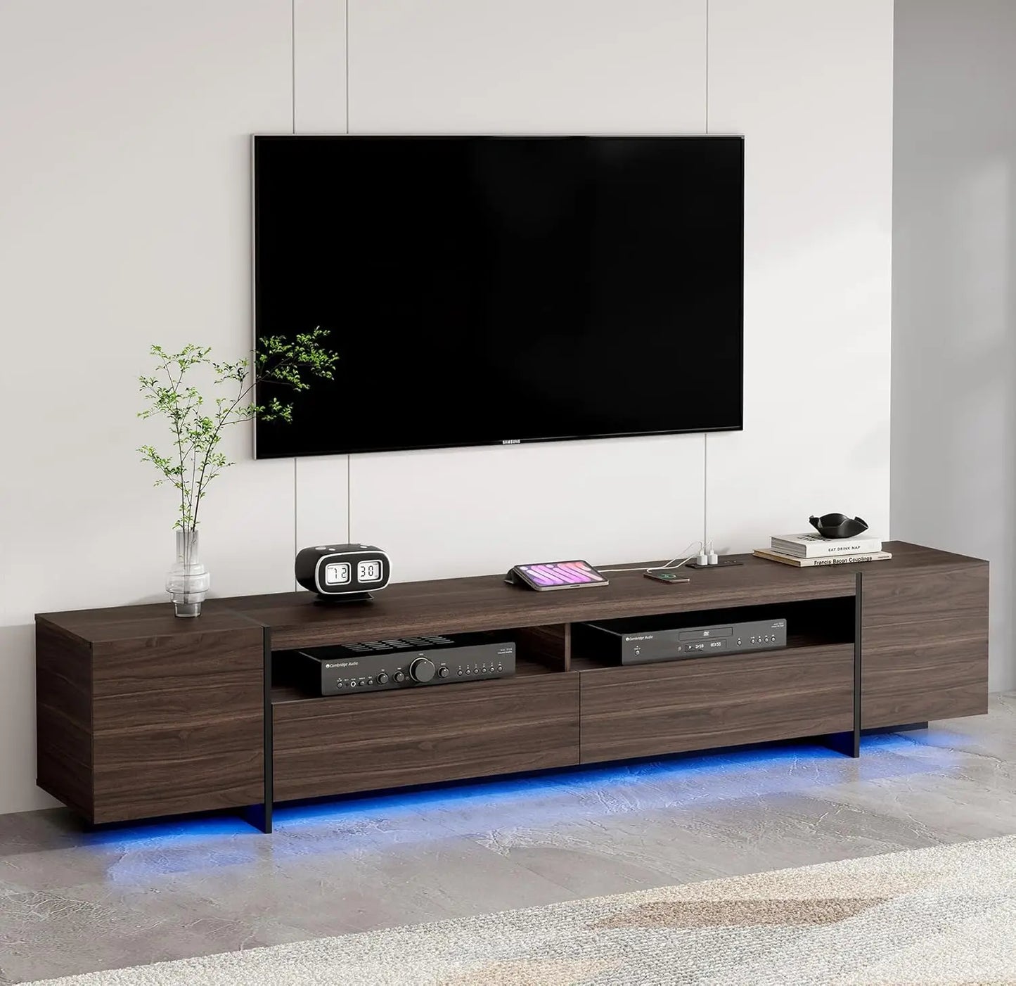 94.5" W TV Stand for Up to 100" TV, Modern Entertainment Center with LED Lights and Power Outlets, Media Console with Cabinet
