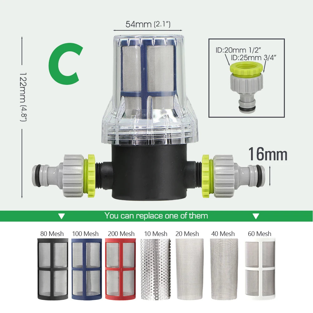 10-200 Mesh Filter 1/2" Garden Hose Filter 16mm Pacifier Quick Connector Agricultural Irrigation Pipe Tube Prefilter Percolator