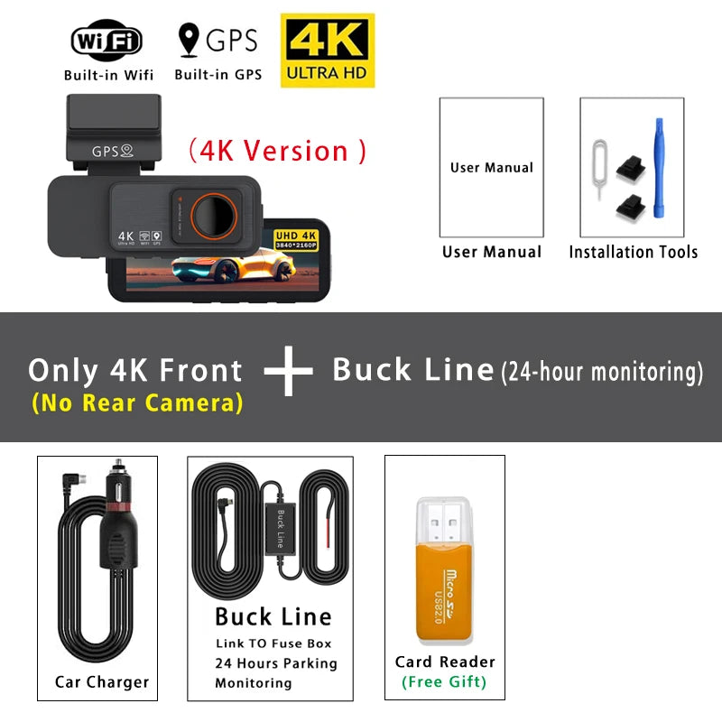 Dash Cam Dual Lens 4K UHD Recording Car Camera DVR Night Vision Video