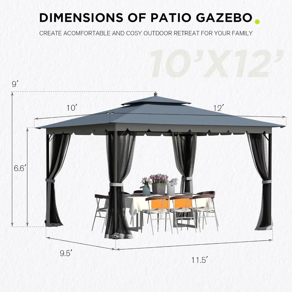 Heavy Duty Outdoor Patio Gazebo with Mosquito Netting | Dual Air Roof