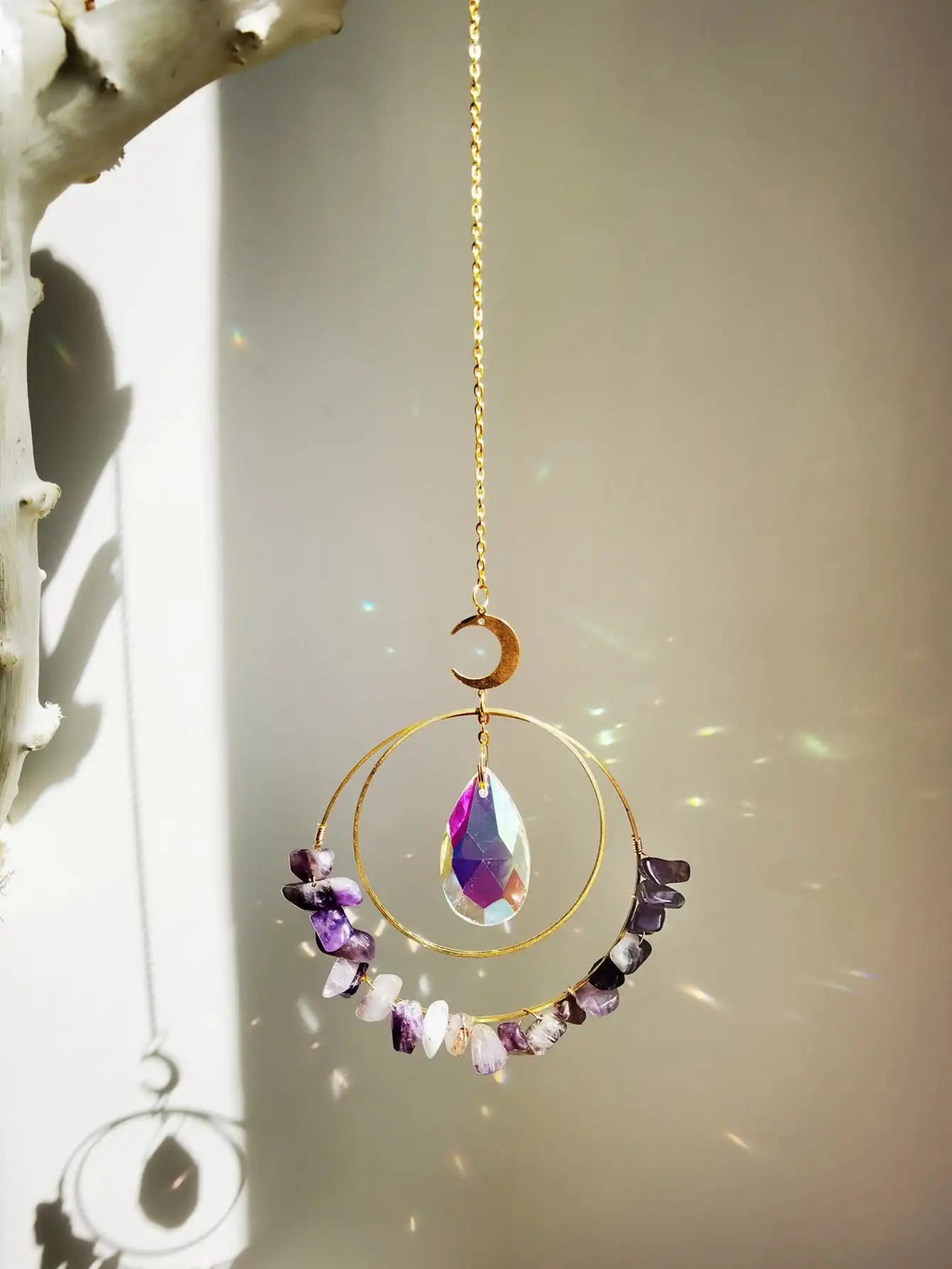 Purple Crystal Moon Sun Catcher Decor Pendant Wall Hanging Window Crystal Suncatcher Home Decoration Mother Day Girl Gift Crafts