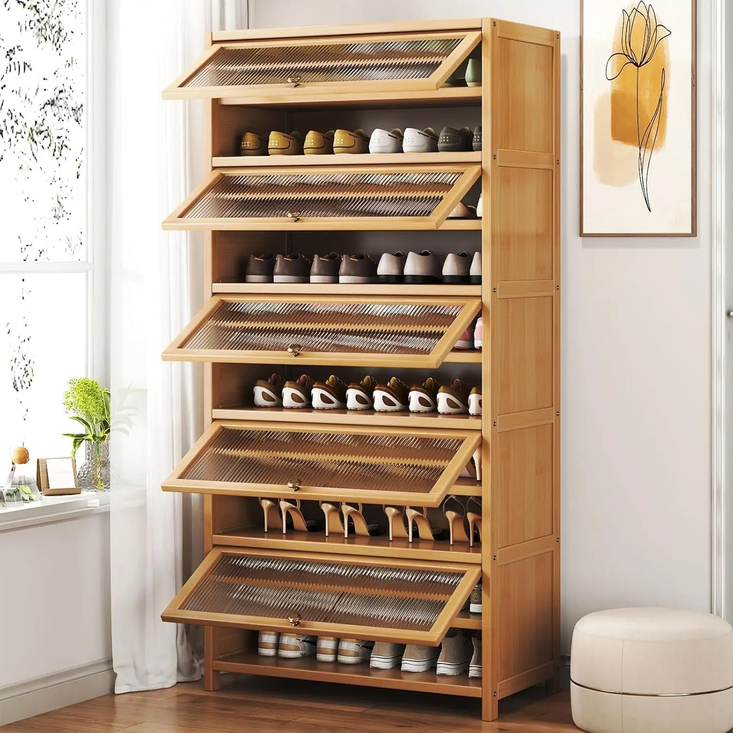 Tall Shoe Cabinet, 10 Tiers 40-45 Pairs Heavy Duty Bamboo Freestanding Shoe Storage Cabinet