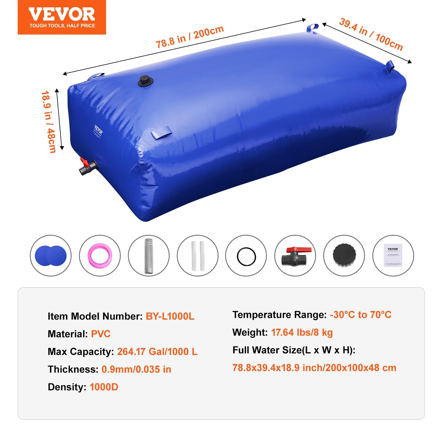 VEVOR 1000L/264 Gallon Water Storage Bladder RV Water Tank 1000D Blue PVC Collapsible Water Storage Containers Soft Water Bag