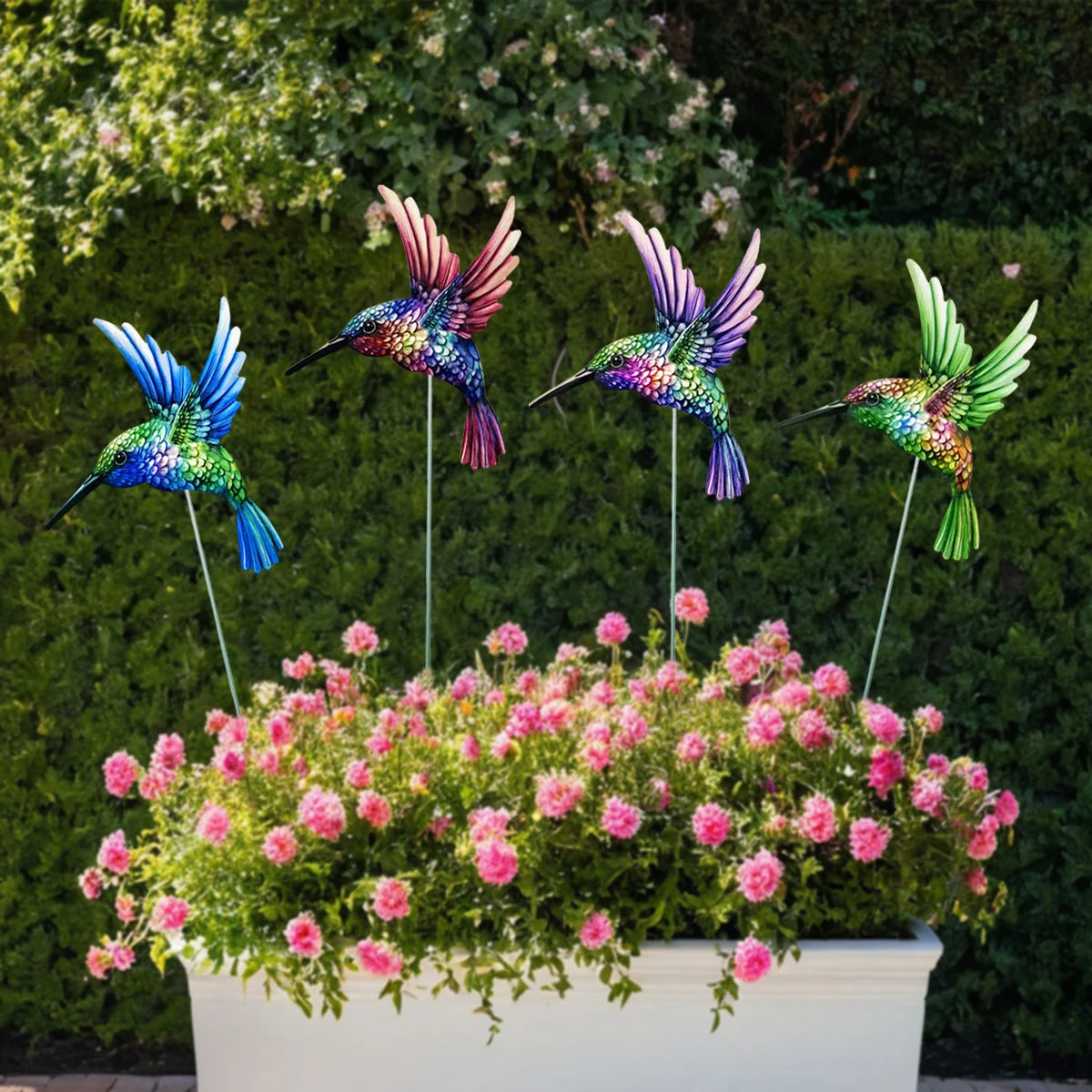 4PCS Metal Hummingbird Stakes Art Sculpture Outdoor Waterproof Iron Ornament Garden/Home Decor Yard Lawn Patio Garden Bird Decor