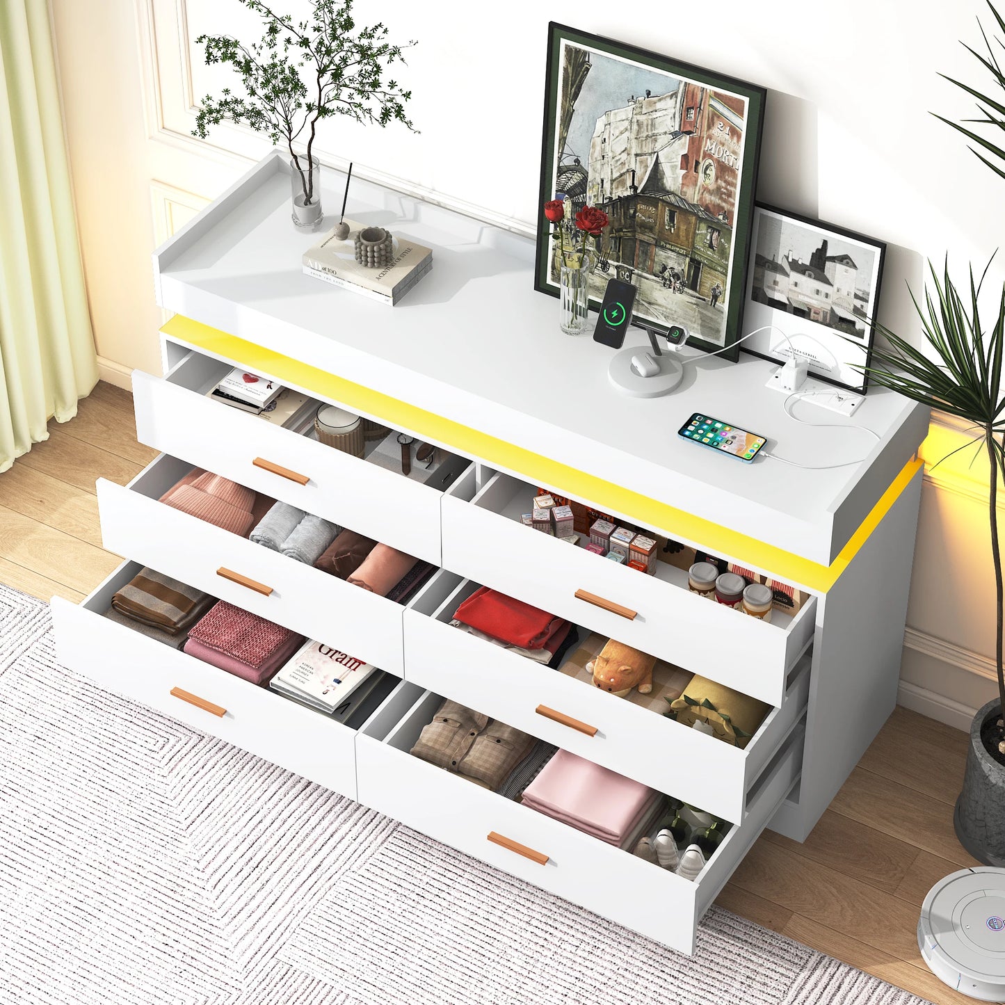 6 Drawer Dresser, 46'' Modern Chest of Drawers for Closet with LED Light, Wide Drawer Organizer Cabinet for Bedroom, White/Black