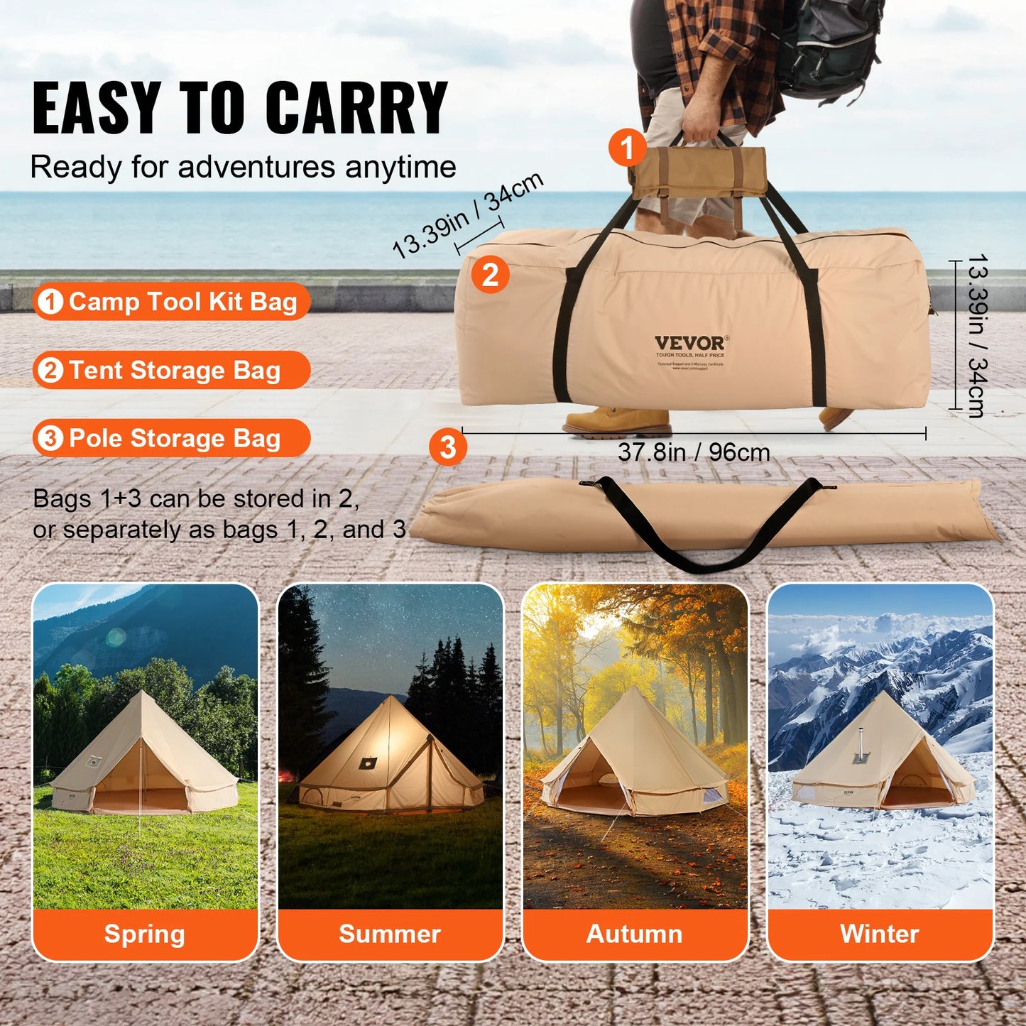 SucceBuy Canvas Bell Tent 4 Seasons 3/4/5/6/7m Yurt Tent Canvas Tent for Camping with Stove Breathable Tent