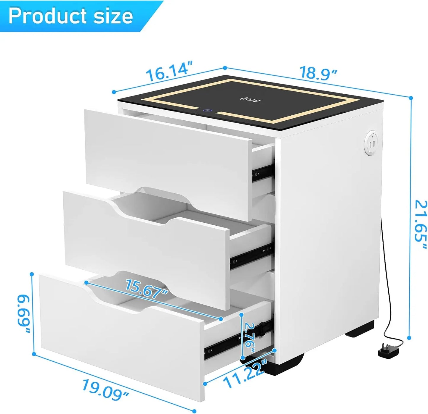 White Smart Nightstand with Wireless Charging Station & Adjustable LED Lights, High Gloss End Table with 3 Drawers & USB Chargin