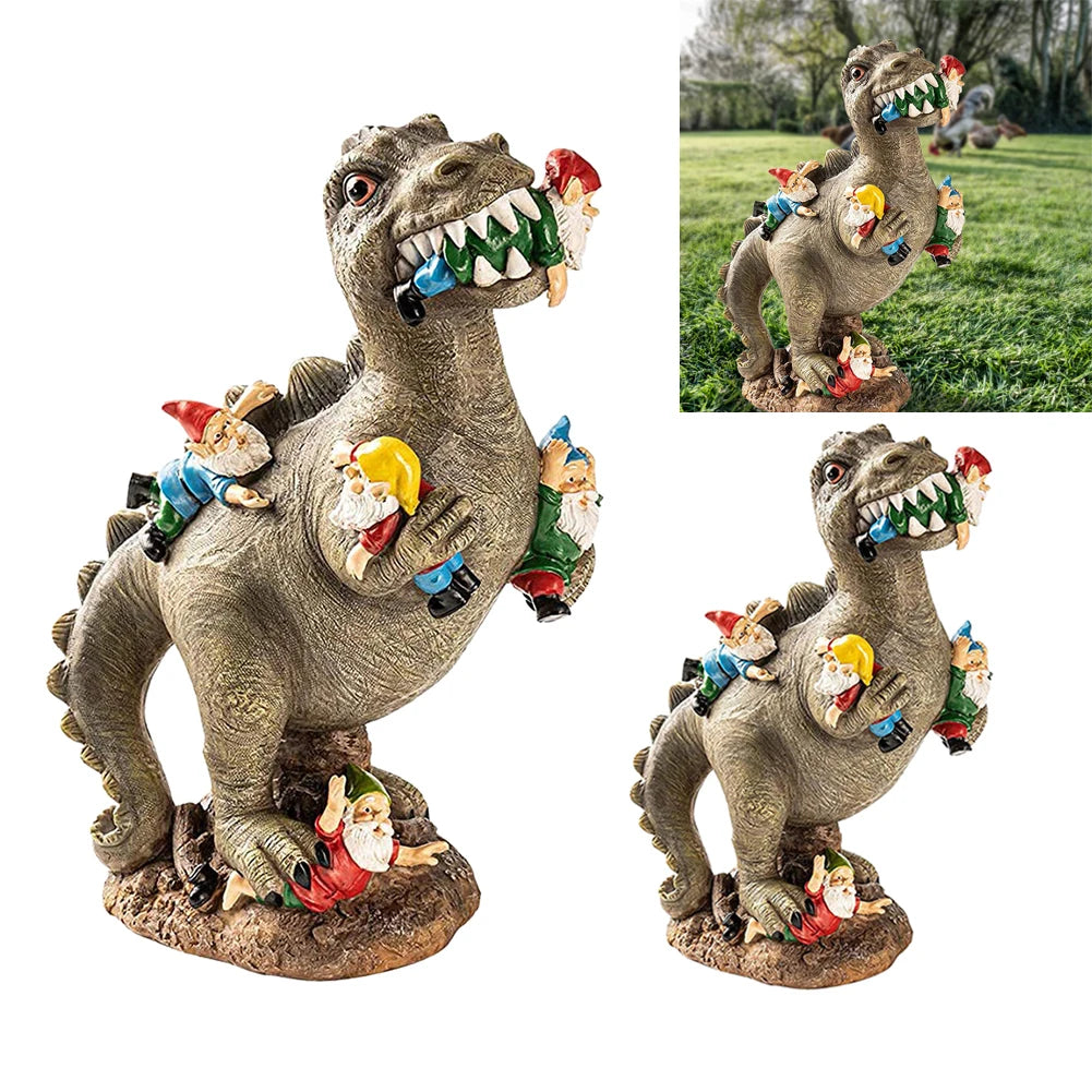 Garden Dinosaur Eating Gnome Statues Funny Resin Figurines Outdoor Sculpture Decor for Garden Patio Lawn Yard Ornament Decor