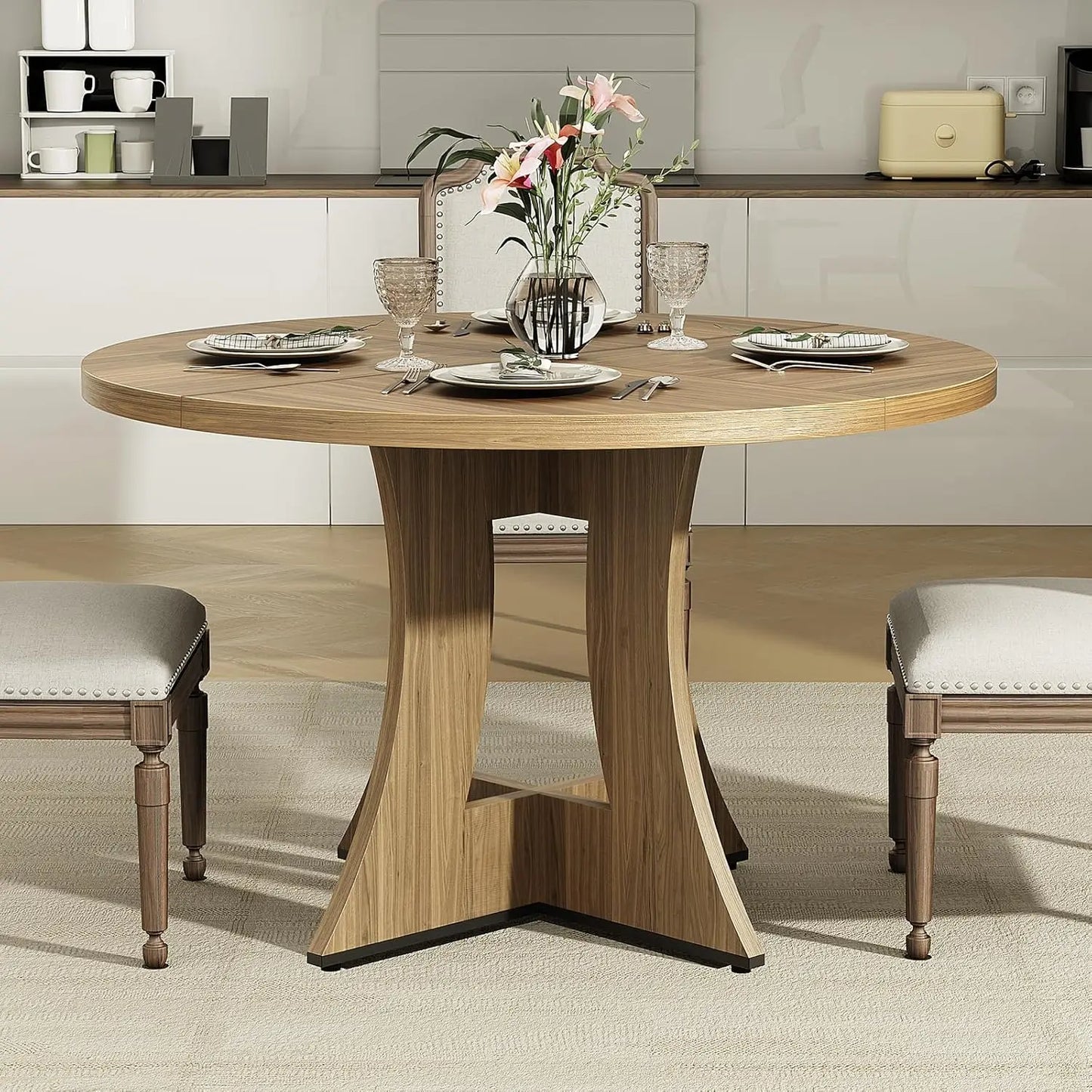 47.2 inch Round Dining Table for 4-6 People, Wood Kitchen Table for Dining Room Living Room, Small Circle Farmhouse Dinner Table