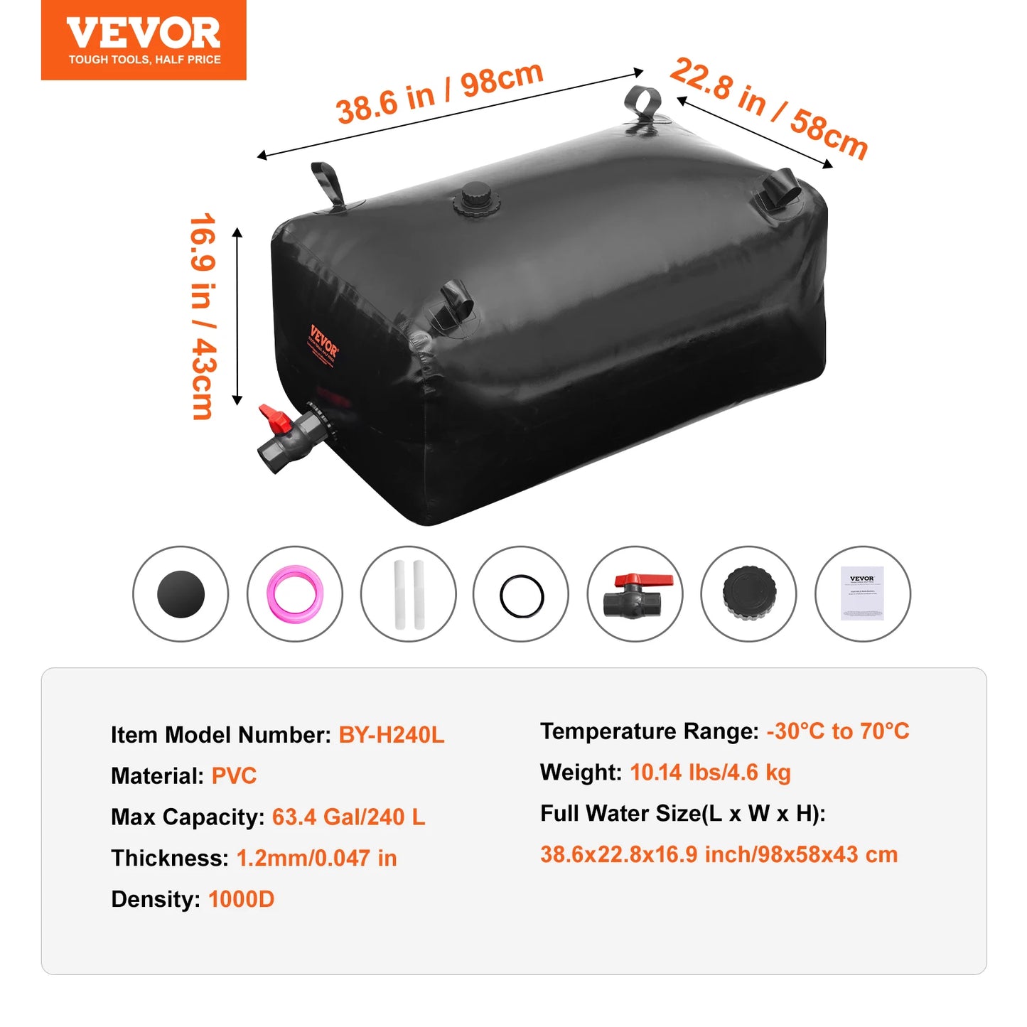 VEVOR 1000L/264 Gallon Water Storage Bladder RV Water Tank 1000D Blue PVC Collapsible Water Storage Containers Soft Water Bag