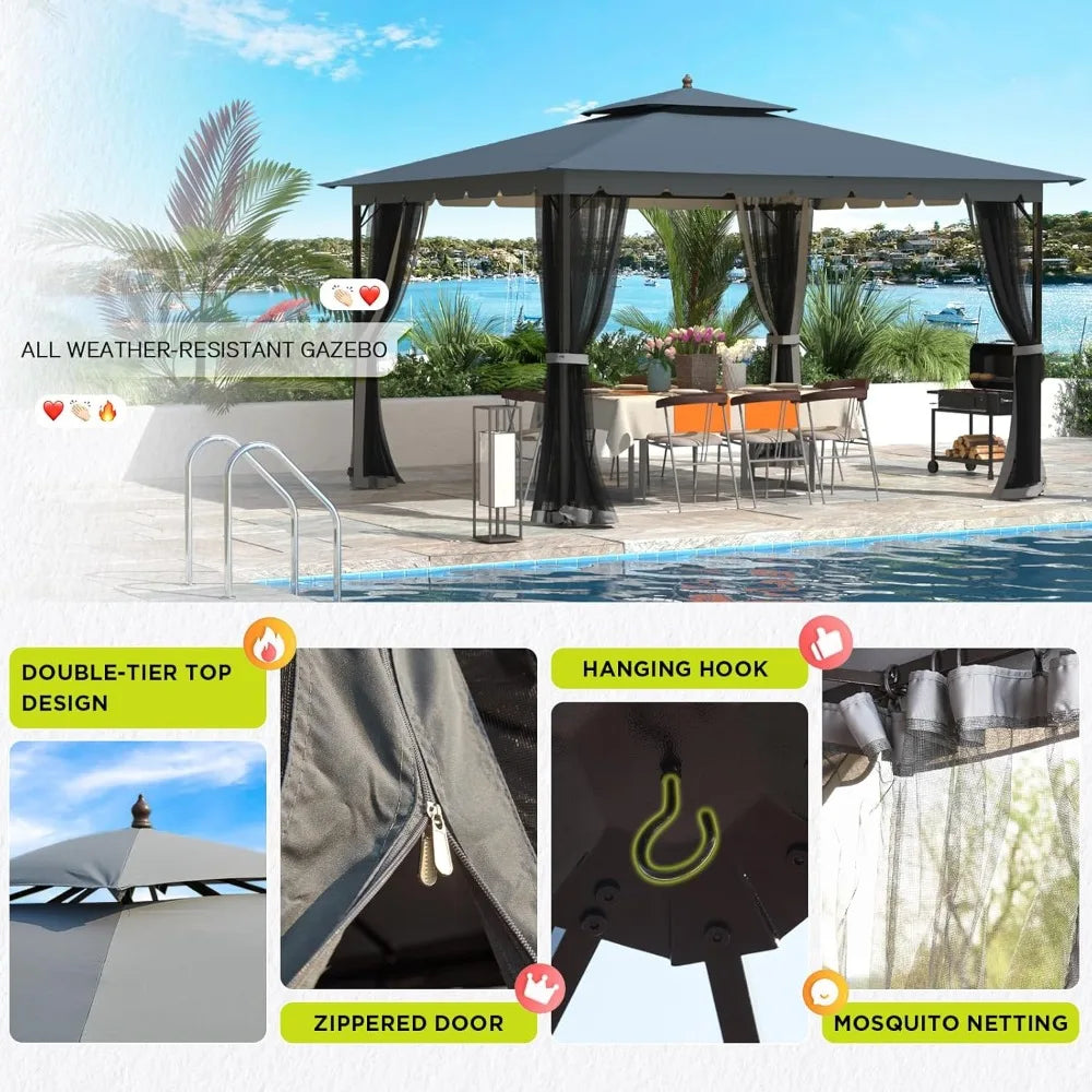 Heavy Duty Outdoor Patio Gazebo with Mosquito Netting | Dual Air Roof