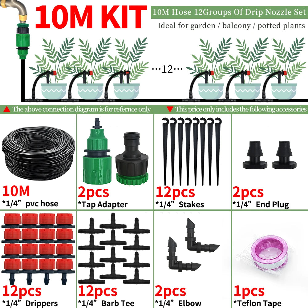 10-30M Garden 1/4'' Drip Irrigation Kit Automatic Watering System Nozzles for Farmland Bonsai Plant Flower Vegetable Greenhouse