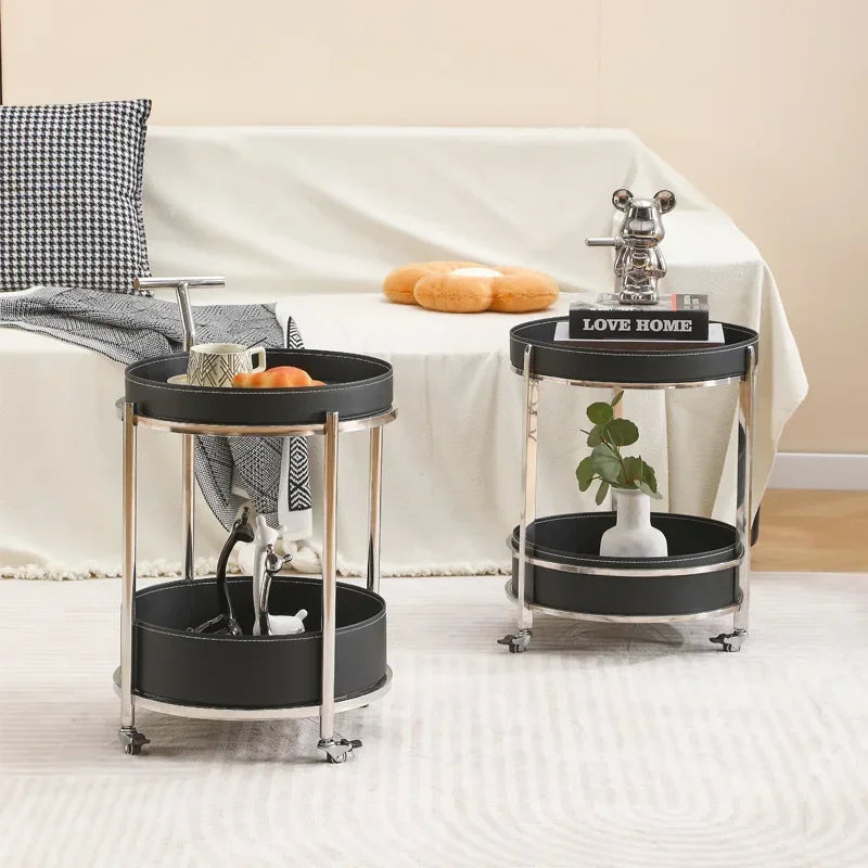 Creative Sofa Side Table with Storage, Internet Famous Coffee Table, Movable Leather and Stainless Steel Design, Modern