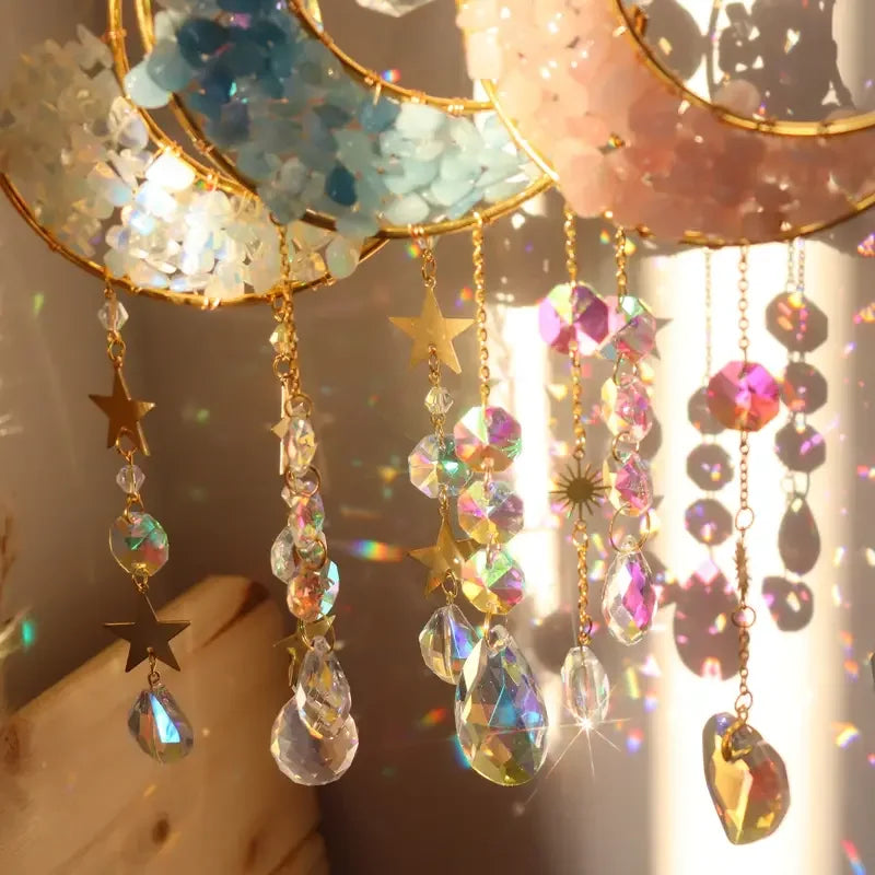 1pc, Amethyst Moon Crystal Prisms Suncatcher, Half Moon Shaped Window Hanging Pendant Glass Prisms Decor Wind Chime Rainbow Sun