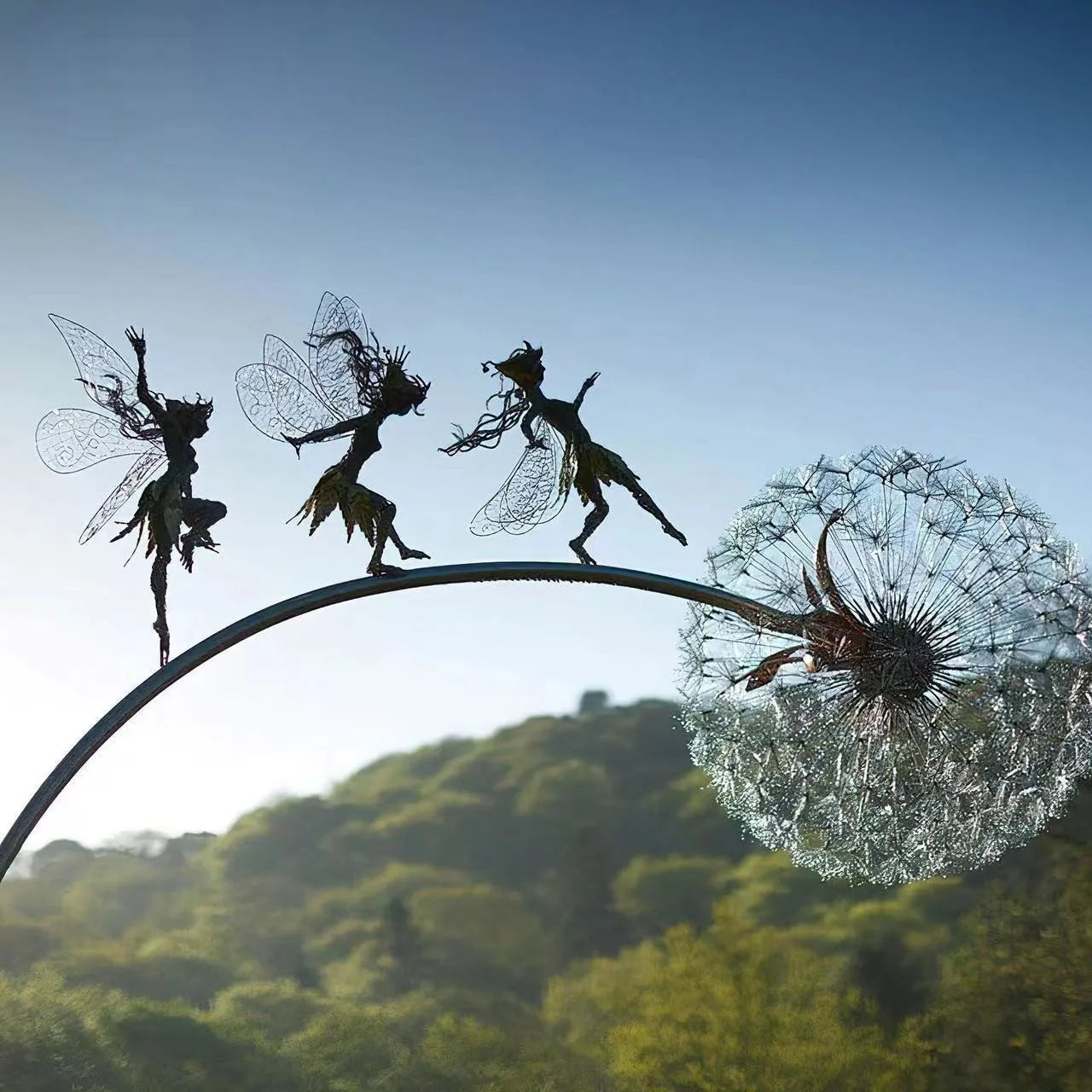 Fairies Angel With Dandelions Flowers Dance,Fairy Garden Decoration Outdoor,Sculptures & Figurines Inserted Soil Metal Craft