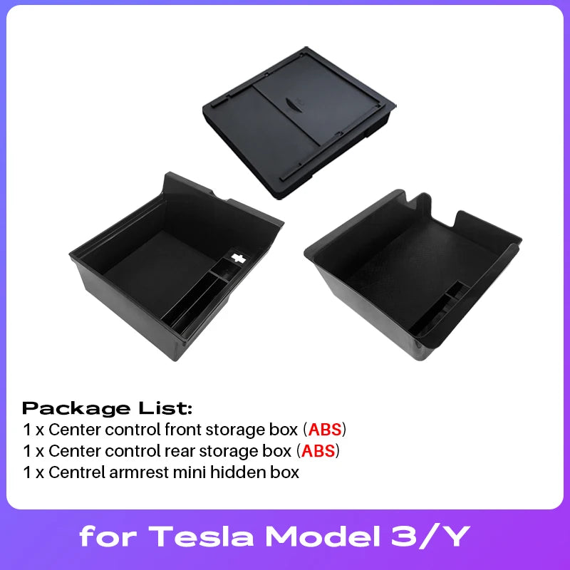 For Tesla Model Y 2020-2024 Hidden Storage Box Car Center Console Armrest Front and Rear Flocking Layer Container Slide