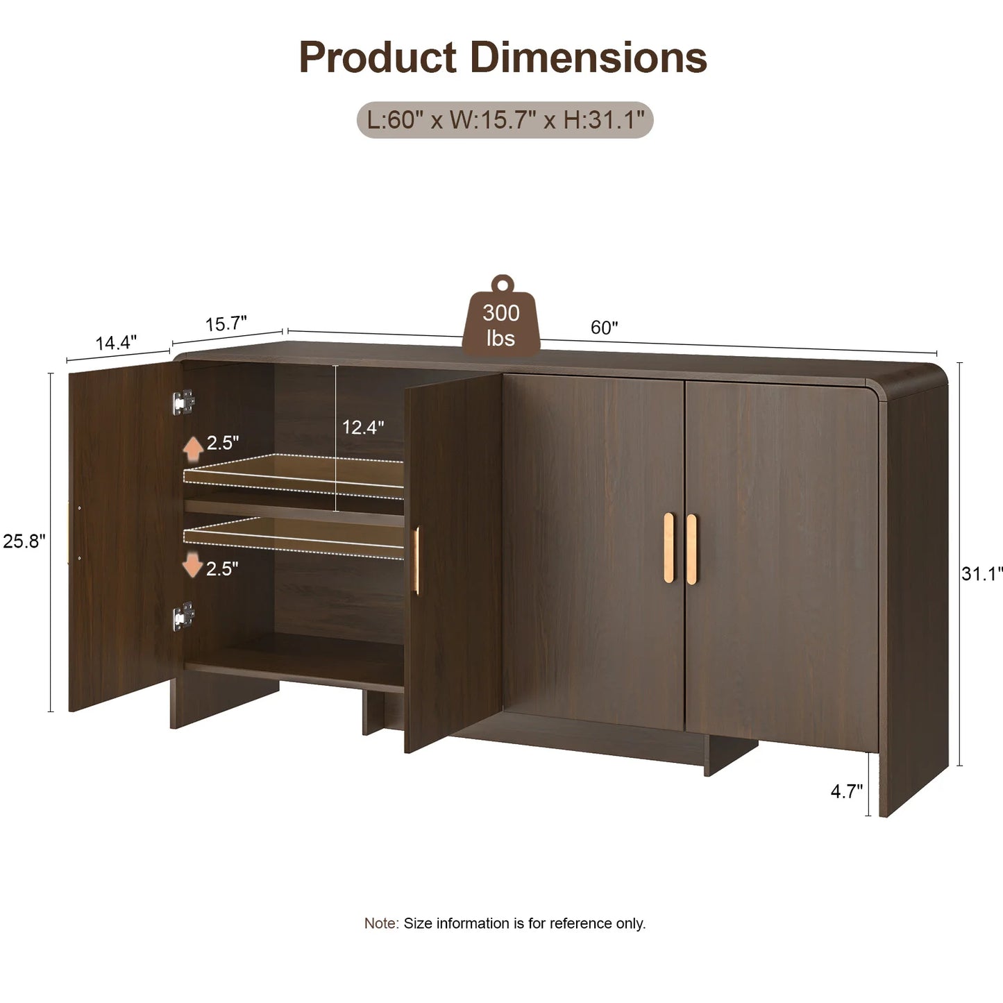 60" Sideboard Buffet Cabinet with Storage, Curved Design Farmhouse Coffee Bar Cabinet with 4 Doors & Adjustable Shelves