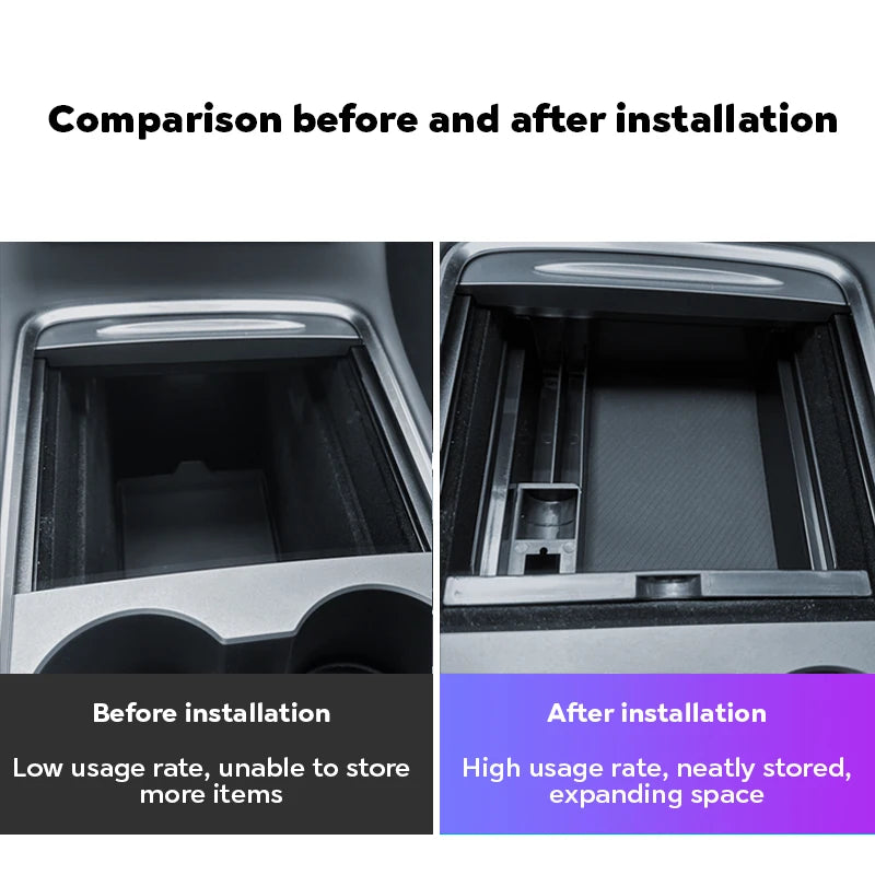 For Tesla Model Y 2020-2024 Hidden Storage Box Car Center Console Armrest Front and Rear Flocking Layer Container Slide
