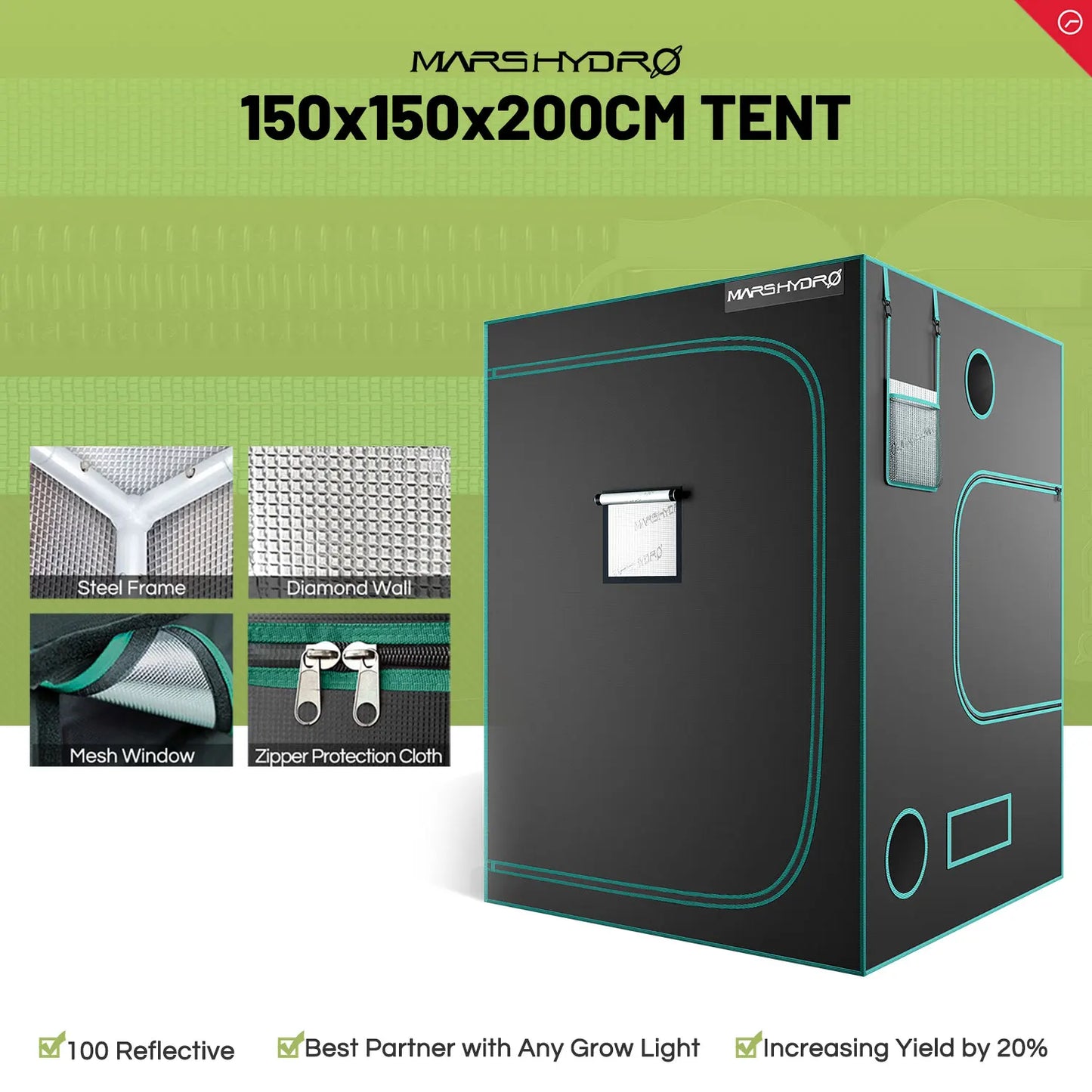 Mars Hydro Reflective Mylar Grow Tent with Removable Floor 1680D Indoor Plant Room Box Indoor Plant Growing Tent 150x150x200cm