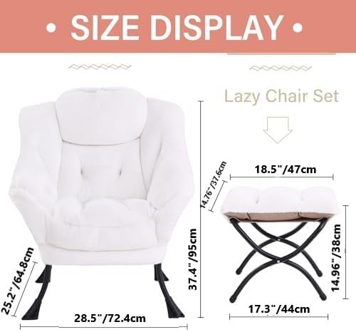 Tiita Lazy Chair with Ottoman, White Modern Large Accent Chair, Comfy Leisure Sofa Armchair with Ottoman, Reading Chair with Footrest for Bedroom, Living Room, Dorm Rooms, Plush White