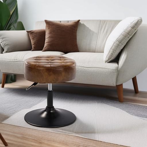 Furniliving Faux Leather Makeup Vanity Stool, Mid-Century Tufted Adjustable Swivel Ottoman Stool Modern Big Size Round Accent Chair for Living Room Bedroom Bathroom, YellowBrown