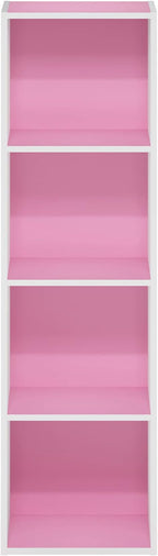 Furinno PASIR Book Shelf, 4-Tier Modern Bookshelf, Open Shelves Bookcase 9 x 12 x 42, Easy Assembly, for Living Room, Bedroom, Home Office, Pink/White