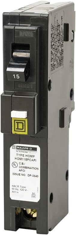 Square D by Schneider Electric Homeline 15 Amp Mini Circuit Breaker, 1 Pole, 120V AC, 10kA Breaking Capacity, Plug in Mount, CAFI/CAFCI, Residential Use (HOM115PCAFIC)