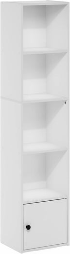 Furinno LUDER Book Shelf, 5-Tier Modern Bookshelf, Bookcase with 1 Door Storage Cabinet, 9.3 x 12 x 52, for Organization and Storage, for Living Room, Bedroom, Home Office, White