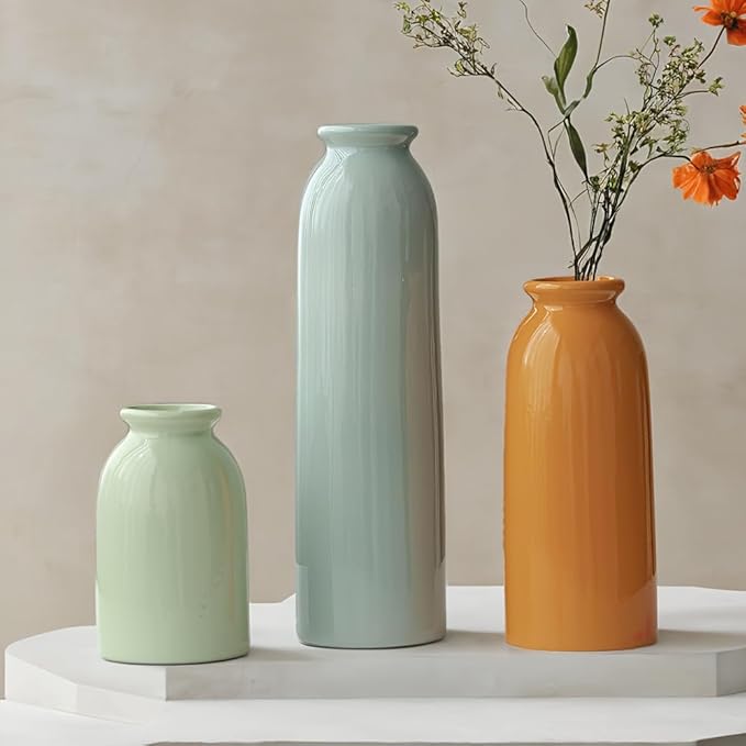 10.4 inches Tall Decorative Ceramic Vase Set, 3 Pieces, Nordic Modern Boho Style, White, for Home Decor (Colorful)