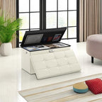 DocSafe Storage Ottoman Bench with Lock,Fireproof 30 Inches Folding Bench Foot Rest Stool Storage Chest Safe for Living Room,Bedroom,Home Office,Waterproof Leather Ottoman with Handles,Beige