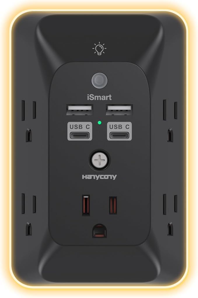 Black Multi Plug Outlet, HANYCONY Outlet Extender with 4 USB Ports (2 USB C) and Night Light, 1050J Surge Protector, Wall Mount, Outlet Splitter for Bathroom Kicthen Camper Dorm Room Essentials