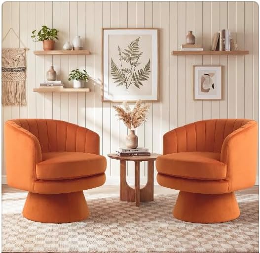 CANMOV Swivel Accent Chair with Armrest Set of 2, Modern 360 Degree Swivel Barrel Chair with Curve Back and Soft Cushion, Comfy Velvet Round Armchair Single Sofa for Living Room, Waiting Room, Orange