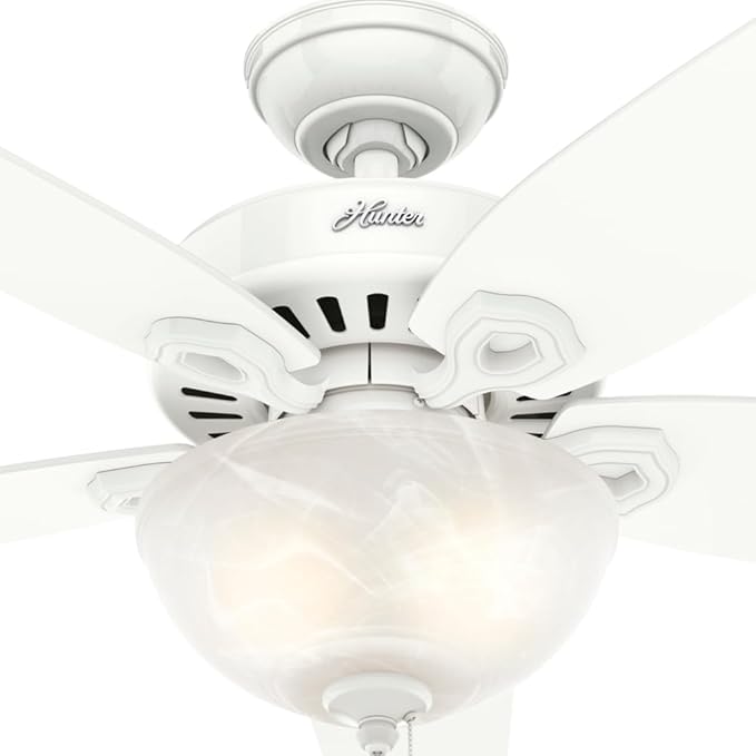 Hunter 42 inch Indoor Ceiling Fan with LED Light - White Ceiling Fan with Pull Chain, For Bedroom or Living Room, Standard Mount, No Remote, 5 Blades, Includes Bulbs - Builder 52217, Snow White