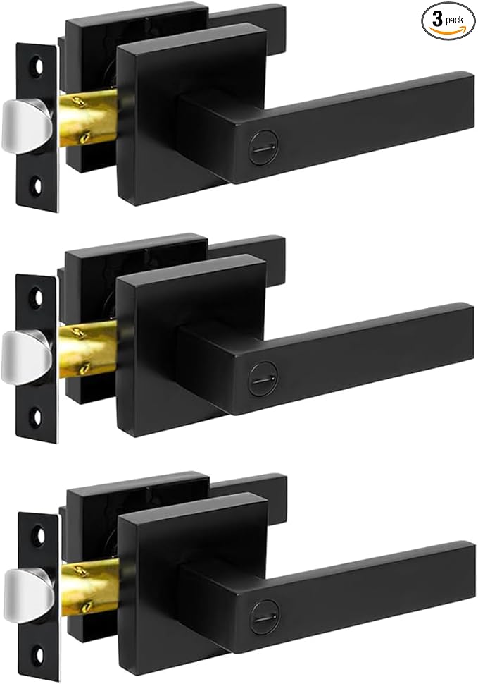 KAMOTA Privacy Door Levers, 3 Pack Matte Black Door Handles Bed and Bath Door Locks Interior Keyless Locksets, Left and Right Hand Reversible