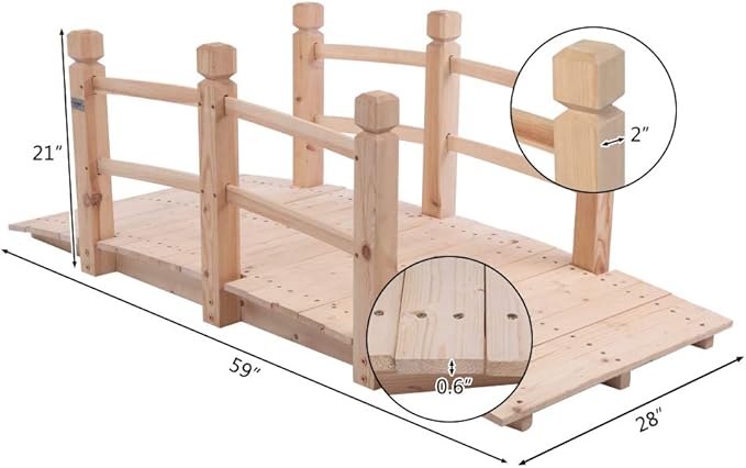 VINGLI 5 ft Garden Bridge, Classic Wooden Arch with Safety Rails Natural Finished Footbridge, Decorative Pond Landscaping, Backyard Creek or Farm