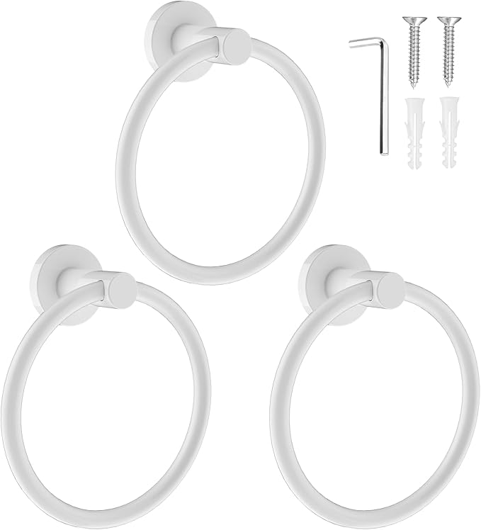 SetSail Towel Holder for Bathroom Wall White Towel Ring Stainless Steel Hand Towel Holder Screw-in Towel Hanger for Bathrooms, 3 Packs