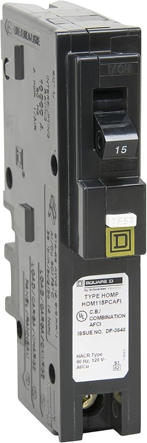 Square D by Schneider Electric Homeline 15 Amp Mini Circuit Breaker, 1 Pole, 120V AC, 10kA Breaking Capacity, Plug in Mount, CAFI/CAFCI, Residential Use (HOM115PCAFIC)