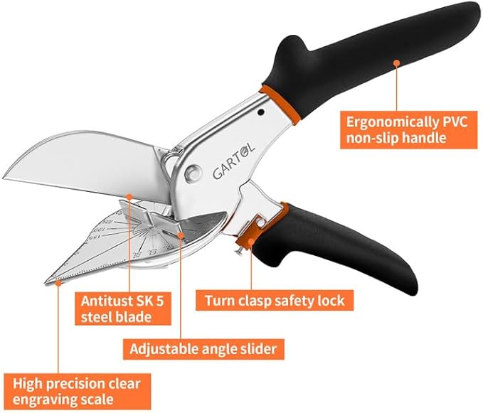 GARTOL Miter Shears, Multifunctional Trunking Shears for Angular Cutting of Moulding and Trim, Adjustable at 45 to 135 Degree, Hand Tools for Cutting Soft Wood, Plastic, PVC, No Replacement Blade
