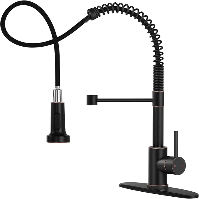 DJS Kitchen Faucets with Pull Down Sprayer Oil Rubbed Brozone -Single Handle 1 or 3 Holes Spring Kitchen Sink Faucet with Deck Plate for Farmhouse RV Vessel Basin