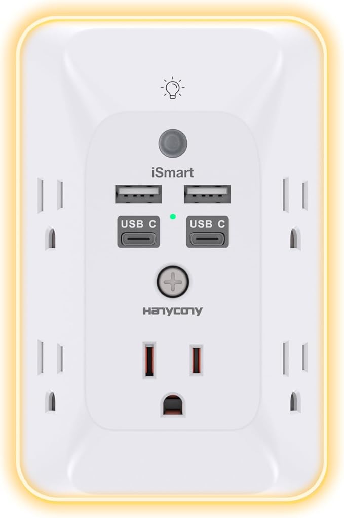 Multi Plug Outlet, HANYCONY Outlet Extender with 4 USB Ports (2 USB C) and Night Light, 1050J Surge Protector, Wall Mount, Outlet Splitter for Bathroom Kicthen Camper Dorm Room Essentials