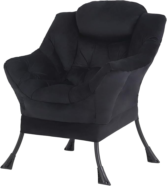 Tiita Lazy Chair, Black Modern Large Accent Armchair, Comfy Leisure Sofa Reading Chair for Bedroom, Living Room, Dorm Rooms, Garden and Courtyard, Black