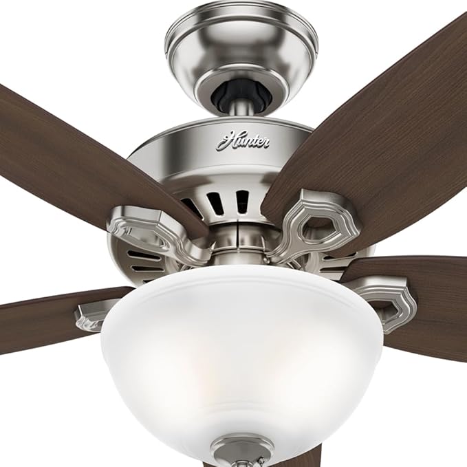 Hunter 42 inch Indoor Ceiling Fan with LED Light - Ceiling Fan with Pull Chain, For Bedroom or Living Room, Standard Mount, No Remote, 5 Blades, Includes Bulbs - Builder 52219, Brushed Nickel