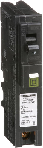 Square D by Schneider Electric Homeline 15 Amp Mini Circuit Breaker, 1 Pole, 120V AC, 10kA Breaking Capacity, Plug in Mount, CAFI/CAFCI, Residential Use (HOM115PCAFIC)