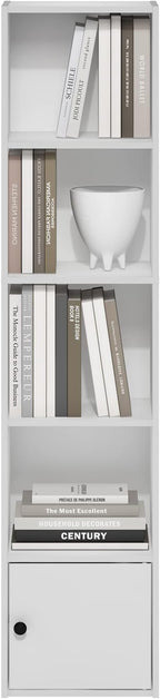 Furinno LUDER Book Shelf, 5-Tier Modern Bookshelf, Bookcase with 1 Door Storage Cabinet, 9.3 x 12 x 52, for Organization and Storage, for Living Room, Bedroom, Home Office, White