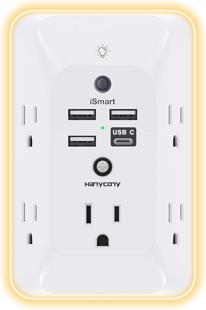 Outlet Extender with Night Light, HANYCONY Multi Plug Outlet, USB Wall Charger Surge Protector 4 USB Ports(1 USB C), Power Strip Electrical Outlet Splitter Expander for Home Office Dorm Room, ETL